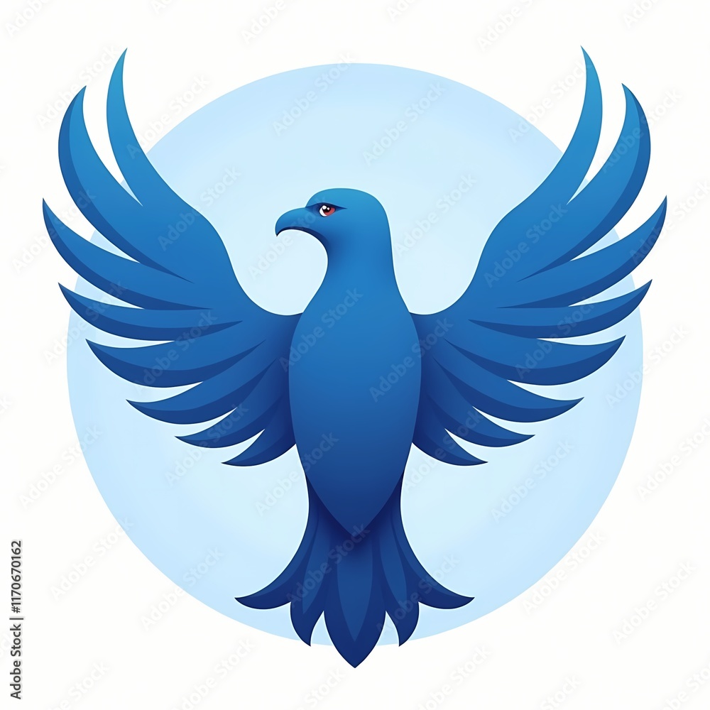 Blue phoenix icon with wings spread in front of soft circle Blue phoenix icon with wings spread in front of soft circle