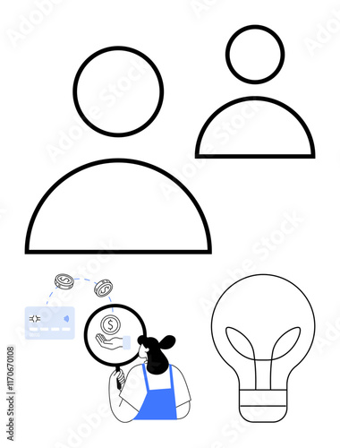 Large user profile icon, smaller user profile beside it, woman examining dollar symbol with magnifying glass. Transactional elements with card, currency symbols, lightbulb. Ideal for business