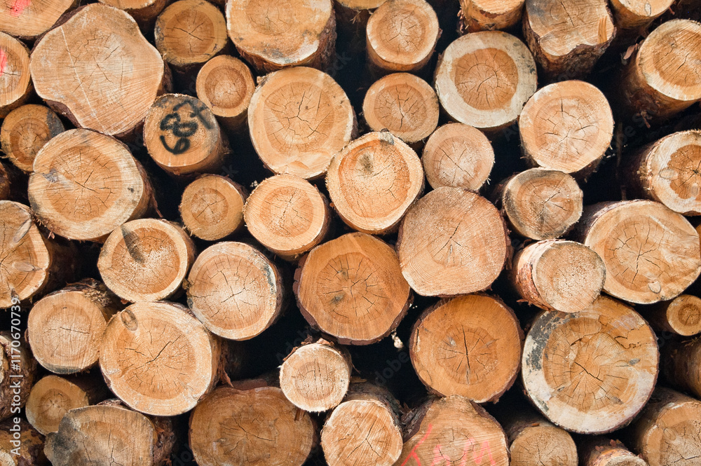 The photo shows round logs stacked in piles The photo shows round logs stacked in piles