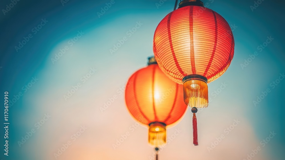 Fototapeta premium Vibrant red lanterns glowing against a twilight sky