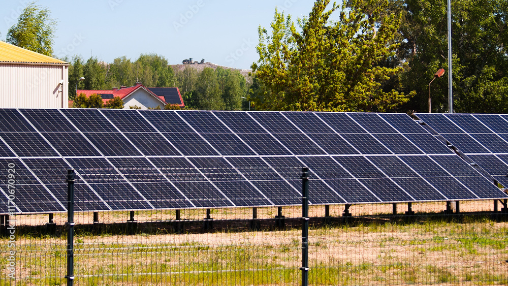 solar panels in a field, buildings and green trees in the background solar panels in a field, buildings and green trees in the background
