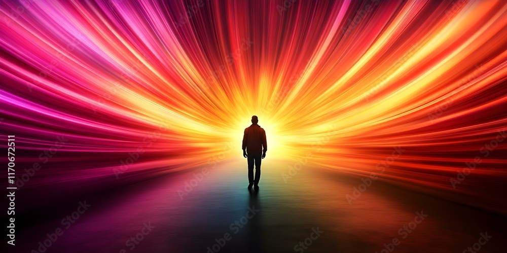 A silhouette of a person standing in front of vibrant, colorful light rays radiating outward, creating a sense of depth and energy. Concept Silhouette Photography, Vibrant Light Rays A silhouette of a person standing in front of vibrant, colorful light rays radiating outward, creating a sense of depth and energy. Concept Silhouette Photography, Vibrant Light Rays