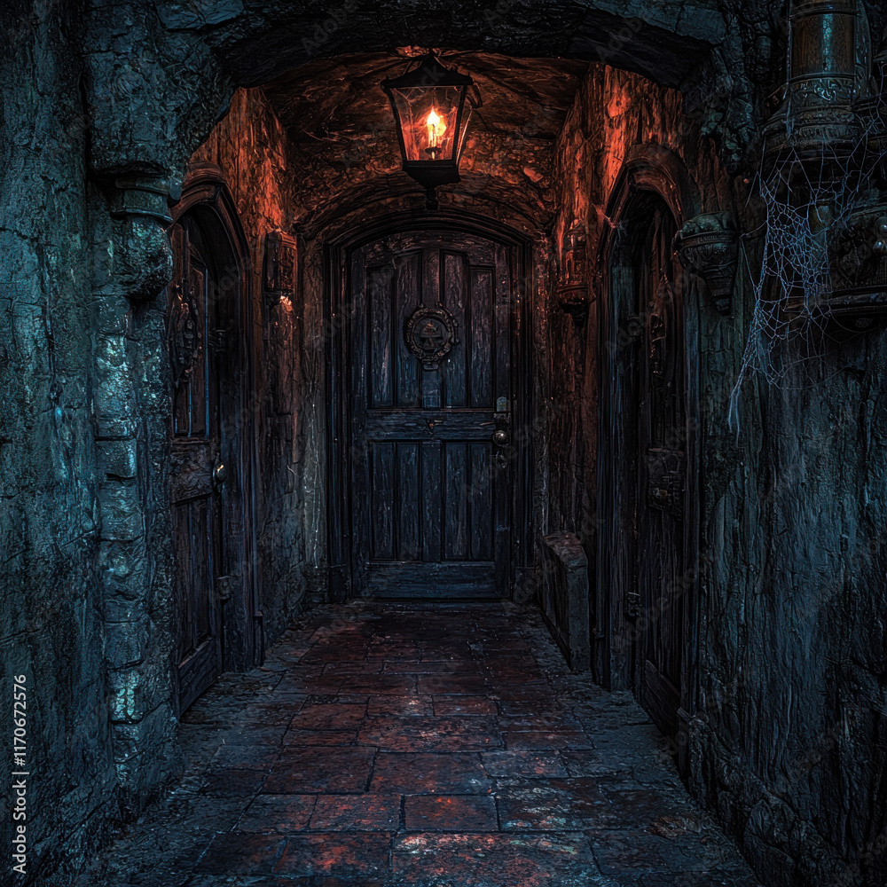 Fototapeta premium Dark, mysterious alley with glowing lantern above wooden door.