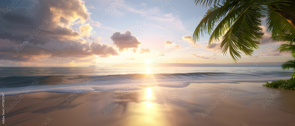 Tranquil Beach at Sunrise with Gentle Waves, Palm Leaves, and Vibrant Sky Reflections Tranquil Beach at Sunrise with Gentle Waves, Palm Leaves, and Vibrant Sky Reflections