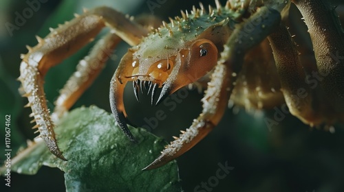 Close-up of a large, menacing ant-like insect with sharp mandibles, holding a green leaf.
