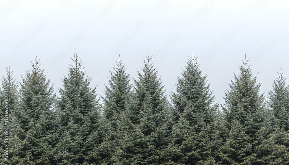 Fototapeta premium Serene row of evergreen trees against a pale sky, minimalist nature scene.