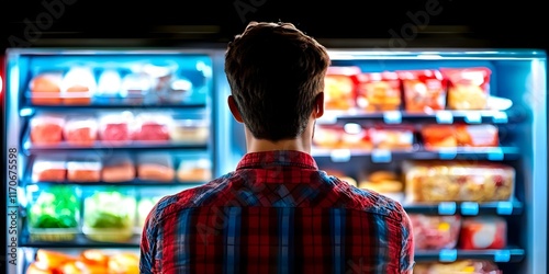A person standing in front of a brightly lit vending machine, contemplating snack options amidst colorful packaging. Concept Vending Machine Choices, Snack Options, Colorful Packaging