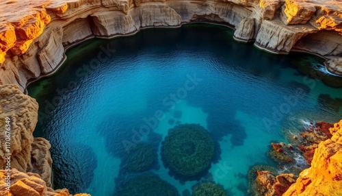 A serene, isolated lagoon, nestled within a rugged, emerald-green cliff ring, bathed in the warm, golden light of a setting sun