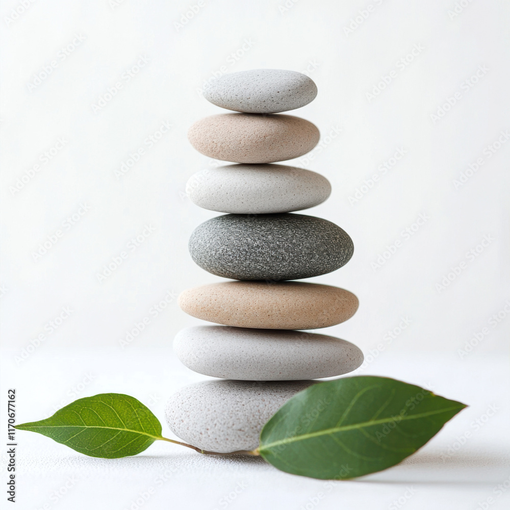 Stacked smooth stones with green leaves on a light background in a calming arrangement emphasizing tranquility