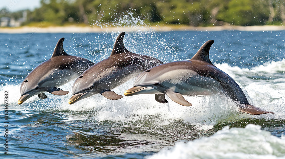 Obraz premium A group of dolphins splashing and playing in the waves by