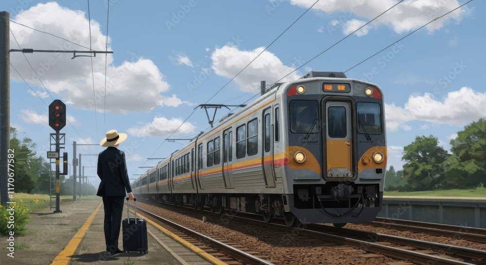 Fototapeta premium Retro-Inspired Train Station Scene with Traveler in Straw Hat
