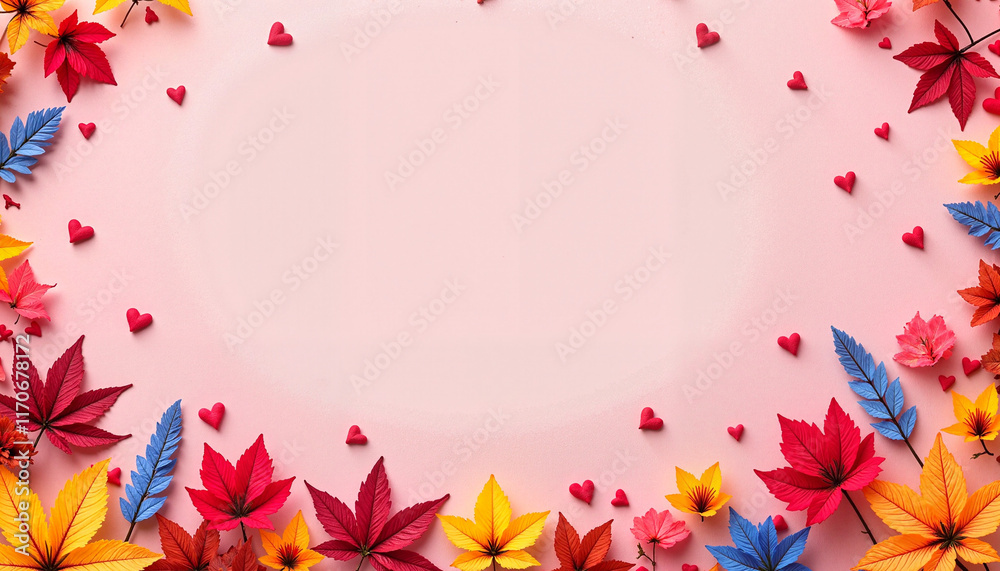 Obraz premium Vibrant Autumn Leaves and Hearts on Pink Background