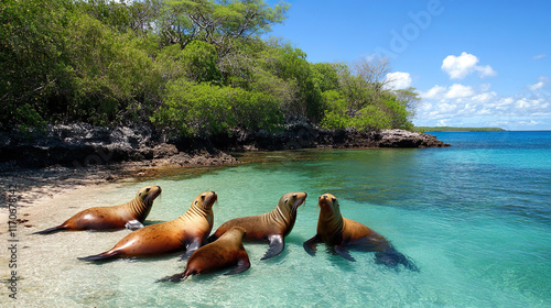 A Group of Galapagos Sea Lions, Zalophus wollebaeki, resting photo