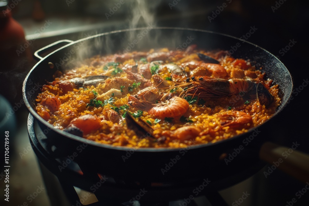 Delicious seafood paella simmering in a cast iron pan, garnished with fresh herbs. Delicious seafood paella simmering in a cast iron pan, garnished with fresh herbs.