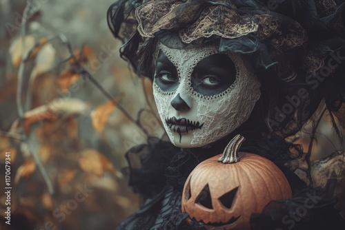 Unique Halloween Woman with Skull Makeup and Pumpkin Decoration photo