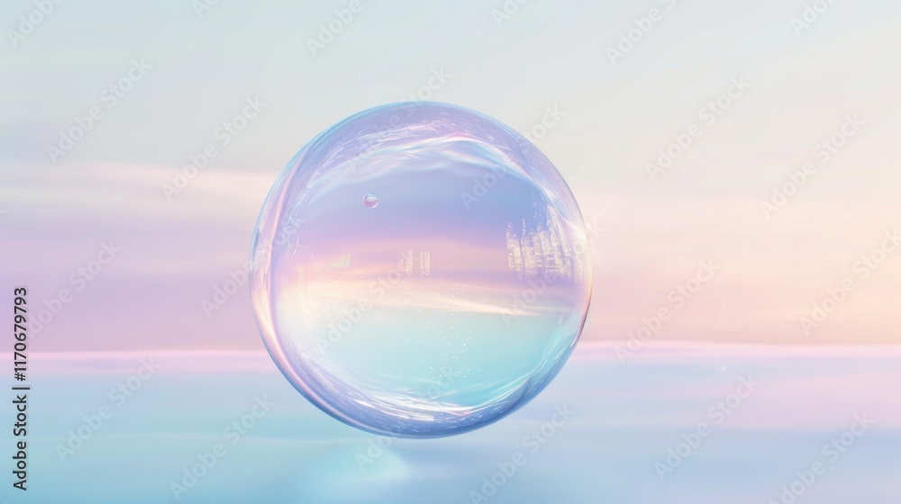 Soft pastel colors enveloping a serene water bubble, floating peacefully amidst a gradient background of pale aqua and ivory. Soft pastel colors enveloping a serene water bubble, floating peacefully amidst a gradient background of pale aqua and ivory.