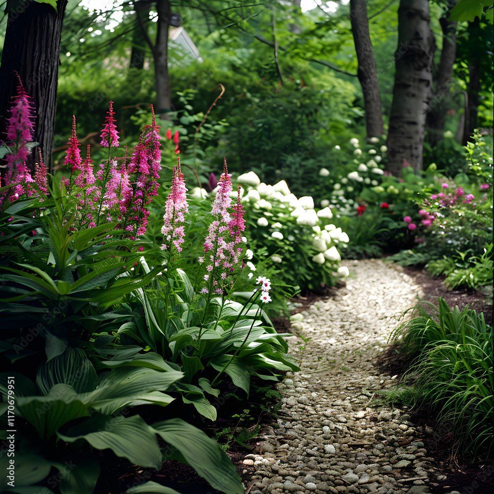 Tranquil Pathway Through Vibrant Flower Garden Surrounded by Lush Greenery and Colorful Blooms in Natural Light