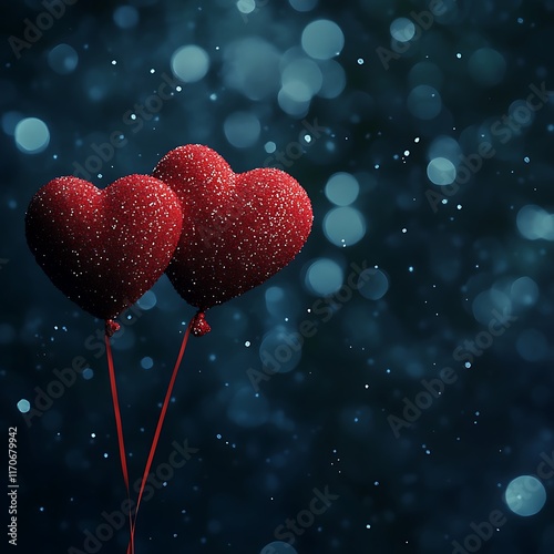 close-up of heart-shaped red balloons with glitter
