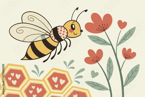 Buzzing Bee with Heart-Shaped Wings | Flying Around Honeycomb & Flower with Heart Motifs photo