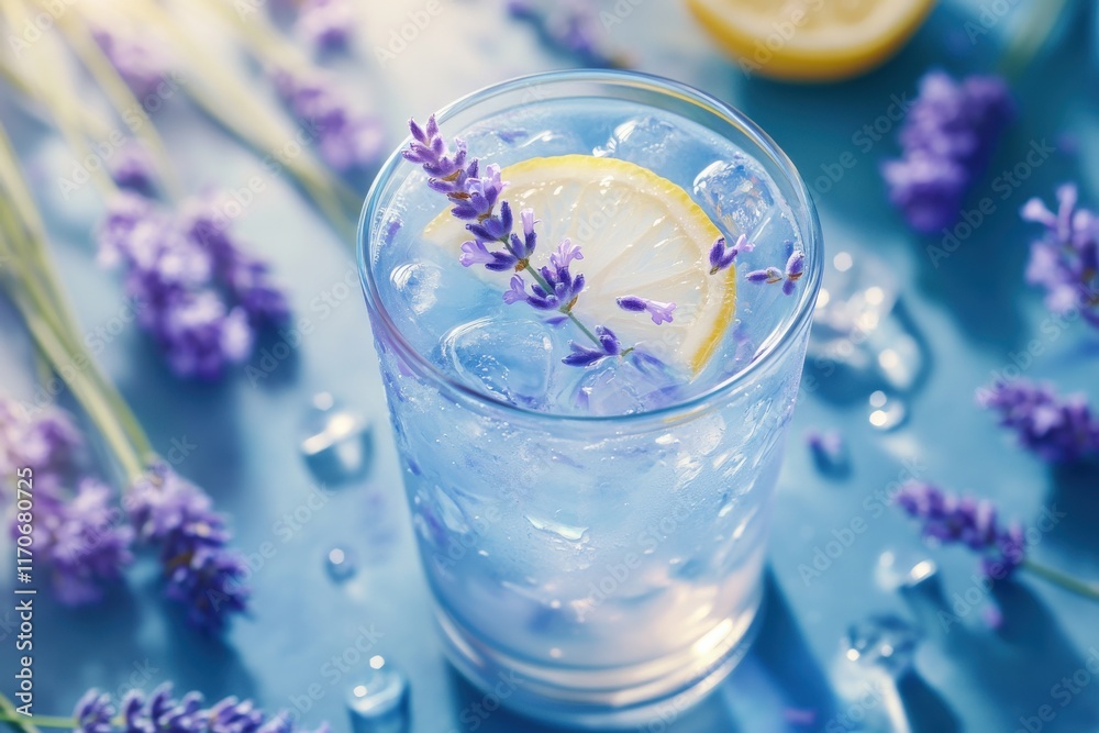 Refreshing lavender lemonade with lemon slice, set against a background of vibrant lavender flowers. Refreshing lavender lemonade with lemon slice, set against a background of vibrant lavender flowers.
