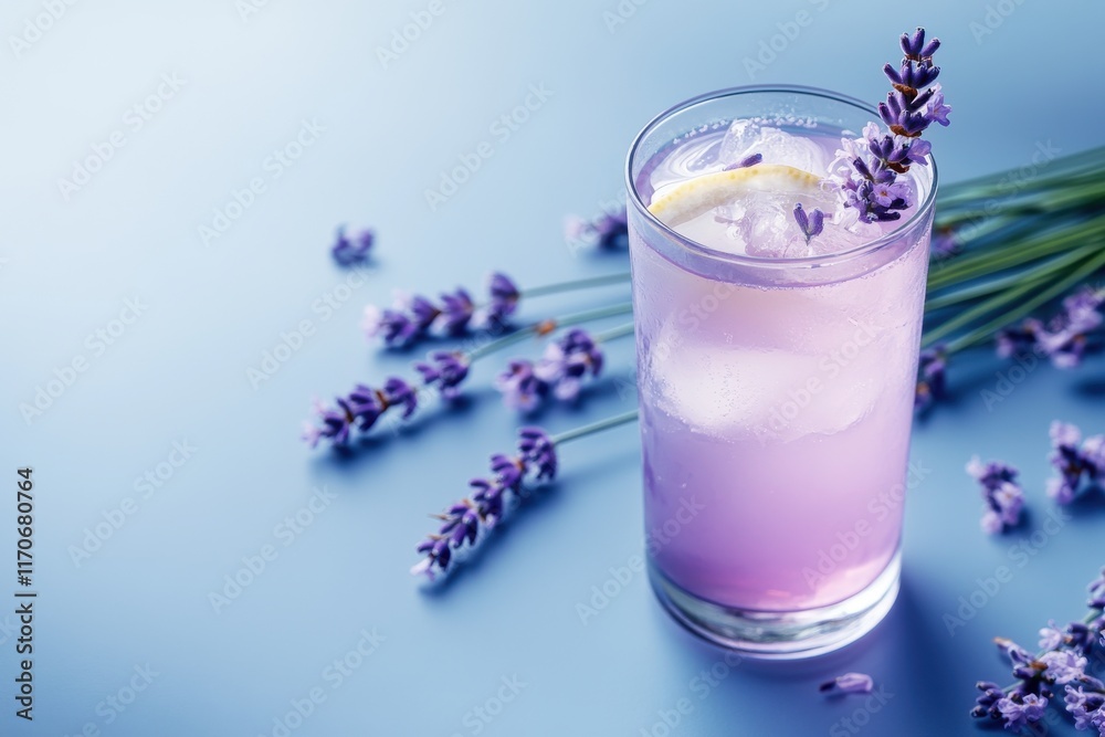 Refreshing lavender lemonade with lemon slices, surrounded by lavender sprigs on a soft blue background. Refreshing lavender lemonade with lemon slices, surrounded by lavender sprigs on a soft blue background.