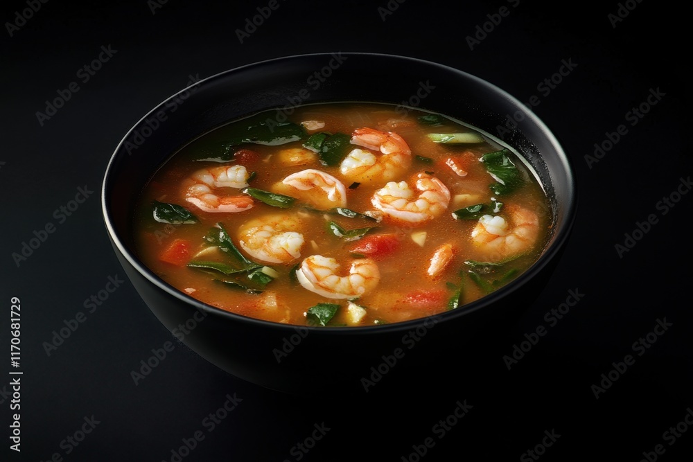 Delicious shrimp soup with fresh vegetables in a black bowl against a dark background. Delicious shrimp soup with fresh vegetables in a black bowl against a dark background.