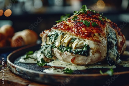 Juicy stuffed chicken breast with spinach and artichokes, drizzled in creamy sauce on a rustic wooden table.