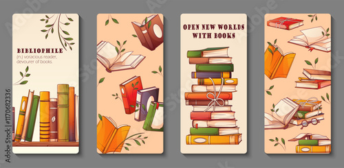 Vector set of vertical banner with illustration of stack of books, standing books, open book.