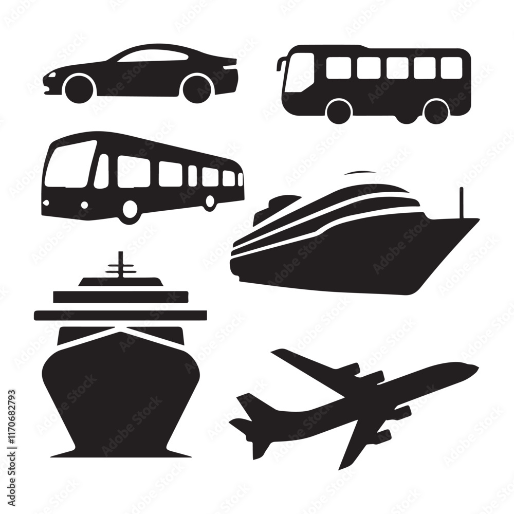 A collection of black silhouette vector graphics representing different modes of transportation.
