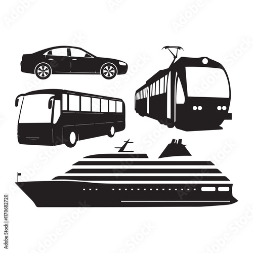 A collection of black silhouette vector graphics representing different modes of transportation.
