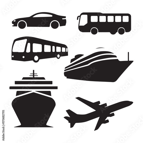 A collection of black silhouette vector graphics representing different modes of transportation.
