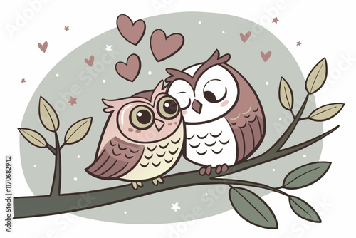 Whimsical Love: Two Owls Perched Together with Heart-Shaped Eyes and Floating Hearts