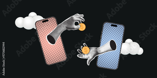 Currency exchange. Financial operations, investments, transactions and cash turnover with halftone hand.