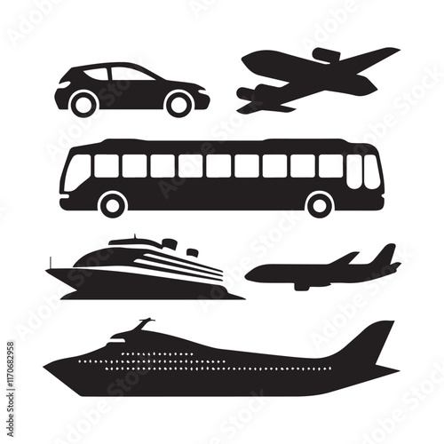 A collection of black silhouette vector graphics representing different modes of transportation.
