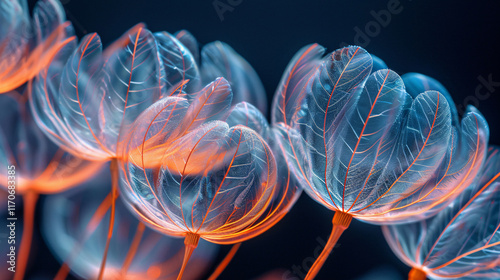 Close up of vibrant glowing neon flowers with intricate details, creating mesmerizing and abstract visual experience, fluorescent semi transparent flowers blossom on black photo