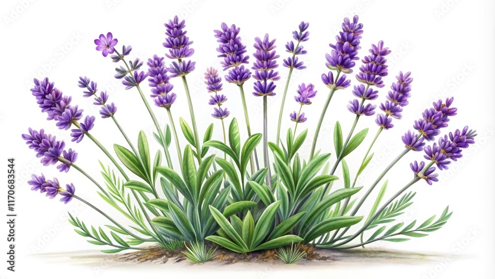 Fototapeta premium Minimalist Lavender Plant Illustration with Vibrant Purple Flowers and Green Leaves for Tranquil Decor and Nature Lovers