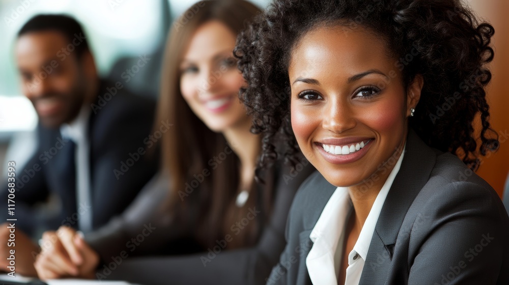 Happy female business professional with colleagues in meeting at office Happy female business professional with colleagues in meeting at office