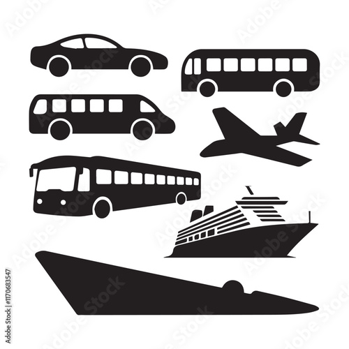 A collection of black silhouette vector graphics representing different modes of transportation.
