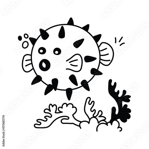 Hand drawn icon of puffer fish in modern style