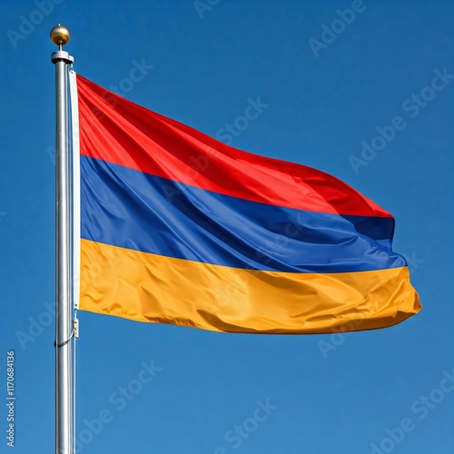 national flag of armenia waving against blue sky, official flag of the nation, blowing in the wind
