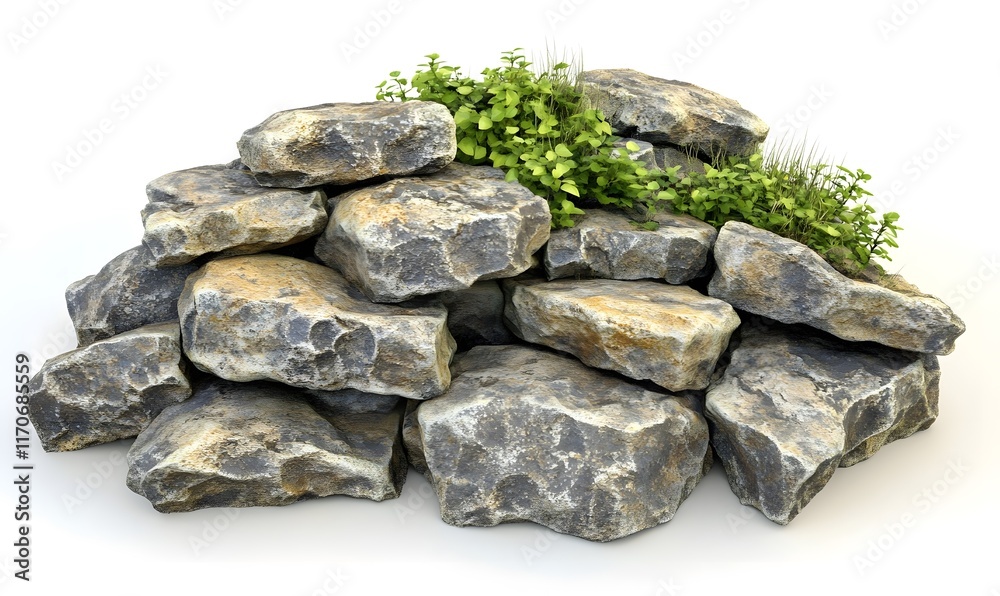Pile of gray and beige rocks with green plants. Pile of gray and beige rocks with green plants.