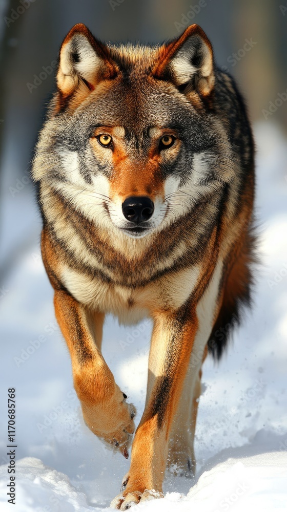 Fototapeta premium A wolf walking through a snowy landscape, showcasing its majestic features and natural habitat.