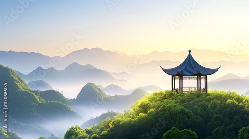 Serene Pavilion Amid Misty Hills