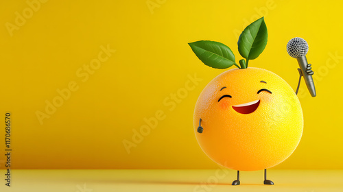 A joyful cartoon miracle fruit with a big smile, holding a tiny microphone.