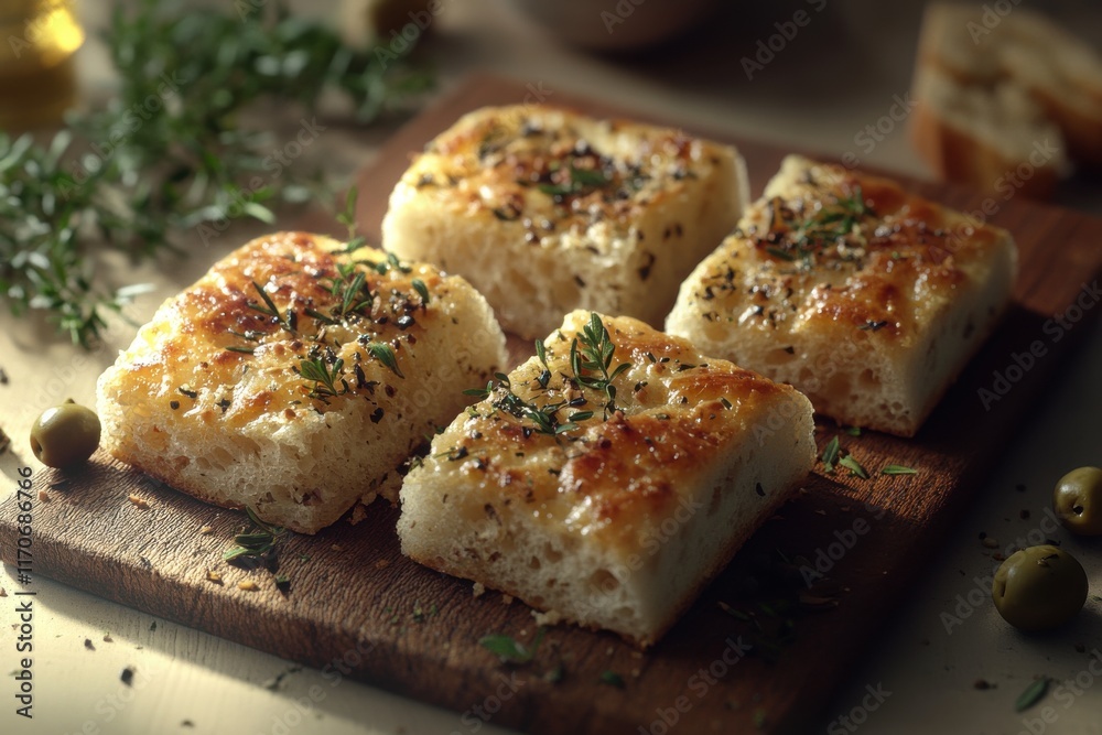 Freshly baked focaccia bread topped with herbs and olive oil, served on a wooden cutting board. Freshly baked focaccia bread topped with herbs and olive oil, served on a wooden cutting board.