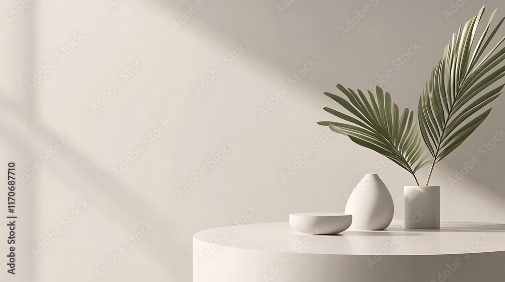 Minimalist Still Life with White Vessels and Palm Leaves Minimalist Still Life with White Vessels and Palm Leaves