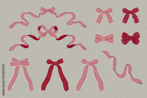 Simple Minimalist Striped and Dots Ribbon Bow Collection. Vector Illustration in Vintage Hand-Drawn style