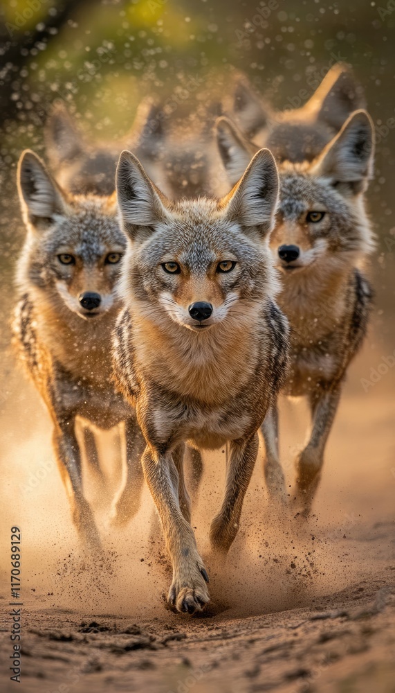 Obraz premium A group of coyotes running through a dusty landscape, showcasing their agility and pack behavior.