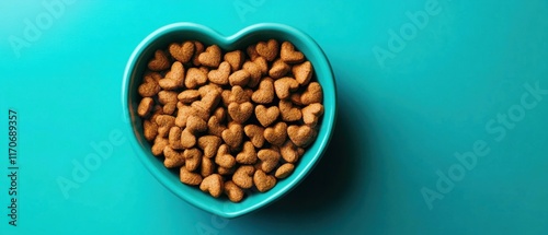 HeartShaped Pet Food in Teal Bowl: Top View Stock Photo
