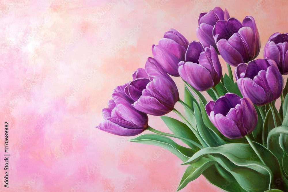 Obraz premium Bouquet of purple tulips on a pink background. 